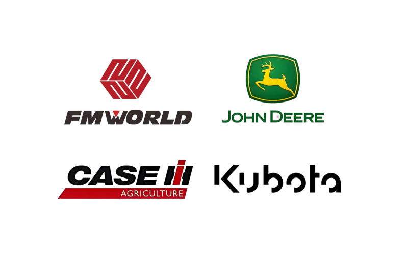  مجموعه آرم های سازنده ماشین آلات کشاورزی شامل FMWorld، John Deere، Case IH و Kubota.